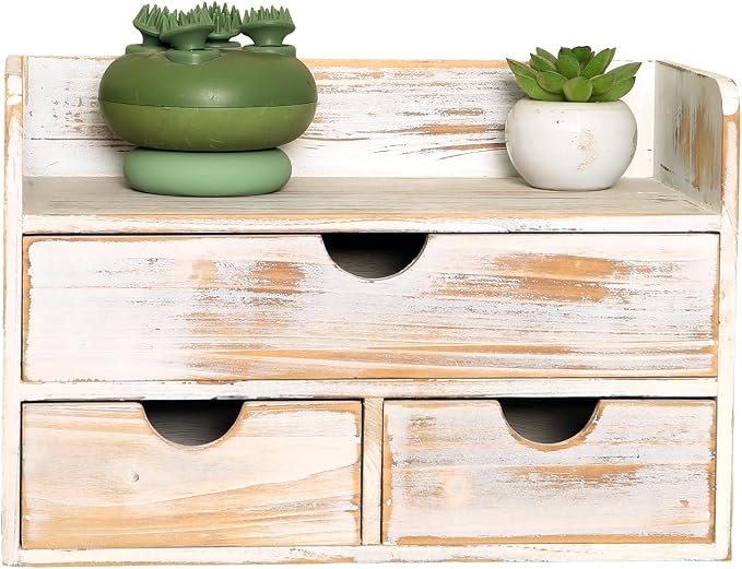 Vintage Rustic Brown Wooden 3 Drawer with Shelf Office Desk Organizer & Mail Rack For Desktop,Box for Office Home Toiletries Supplies Vanity, No Assembly Required (Rusitc White)
