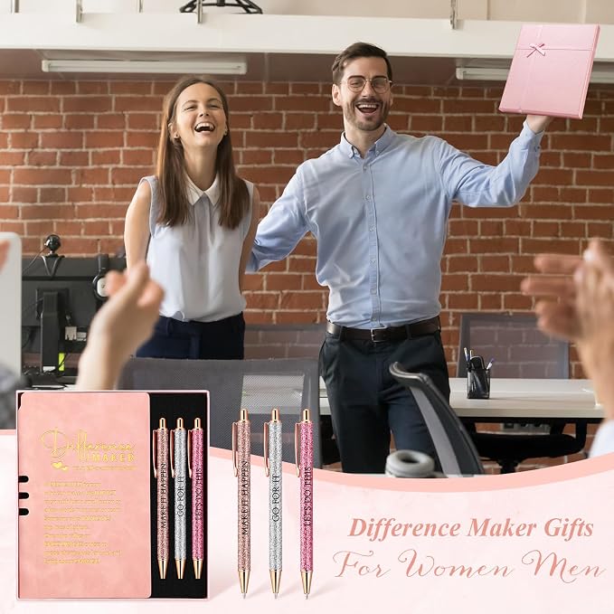 Thenshop 5 Pcs Difference Maker Gifts Journal with Pen Leather Notebook 3 Ballpoint Pens Box Thank You Gift for Nurse Boss Employee Coworker Teacher Volunteer Social Worker Assistant(Pink)
