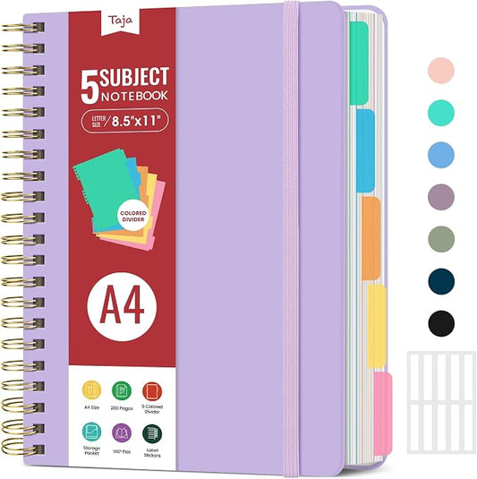 Hardcover Spiral Journal Notebooks for Work With Removable Dividers & Tabs, 8.5"x11" 5 Subject Notebook for Note Taking & Organizer, A4 College Ruled Lined Journal for Women & Writing, Lilac Purple, 280 Pages