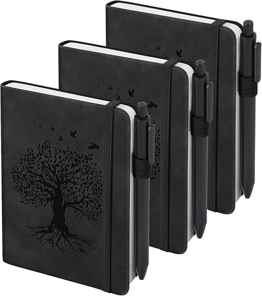 3 Pack Pocket Journaling Notebooks, A6 Small Notebook Total 360 Pages Journaling Notebooks For Note Taking Journals For Writing Mini Note Pads With Pen Holder 100 GSM Thick Paper(3 Black)