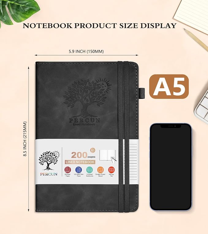 PERCUN Lined Journal Notebook 200 Pages Hardcover Leather Journal 5.9"x8.5" | A5 writing journal for women, men, business, travel, school, college ruled pages, daily diary