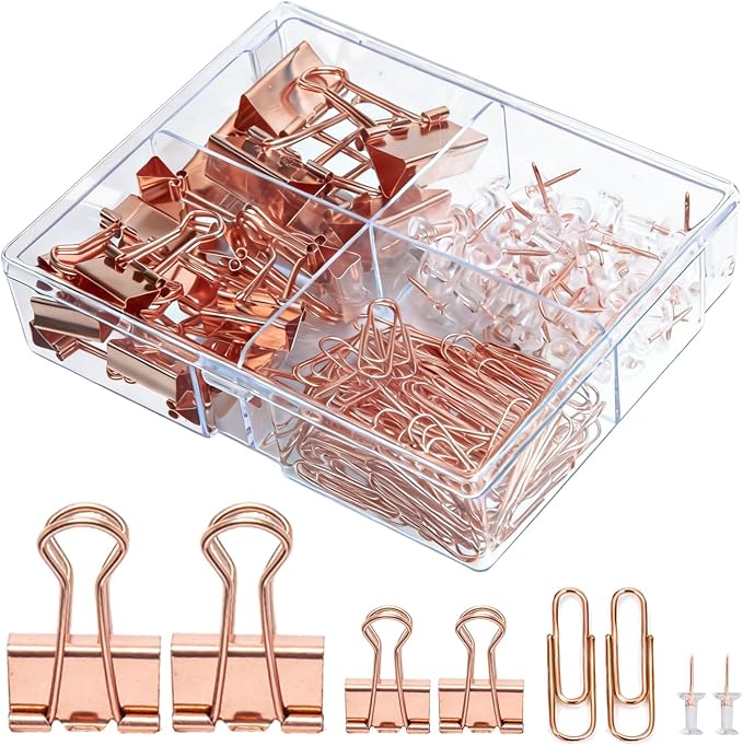 Cute Paper Clips Binder Clips Combo Set, 165 Psc, Assorted Size Paper Clips for Office, Cute Office Supplies Set, Rose-Gold