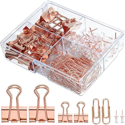 Cute Paper Clips Binder Clips Combo Set, 165 Psc, Assorted Size Paper Clips for Office, Cute Office Supplies Set, Rose-Gold