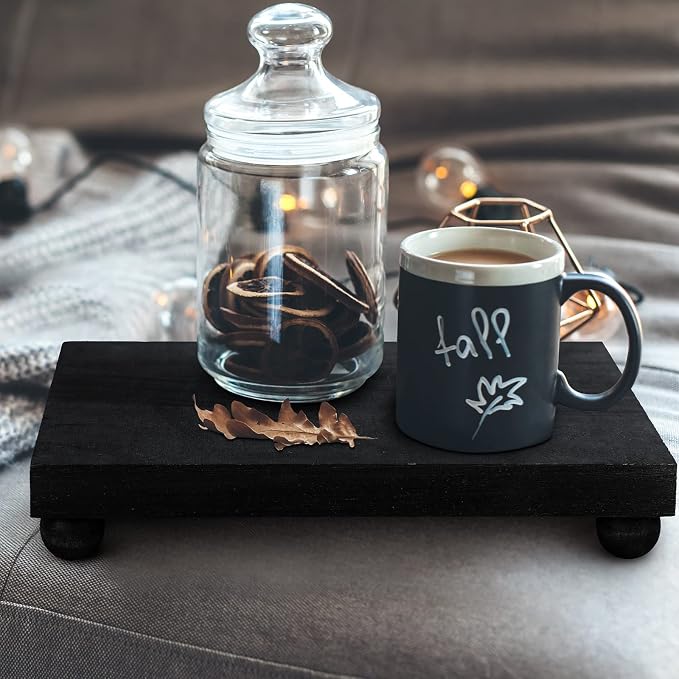 Amyhill Wood Pedestal Stand Kitchen Soap Tray Farmhouse Wooden Riser Stand for Kitchen Bathroom Counter Table Decor Plant Vases Display(Classic,Black,9 x 6 Inch)