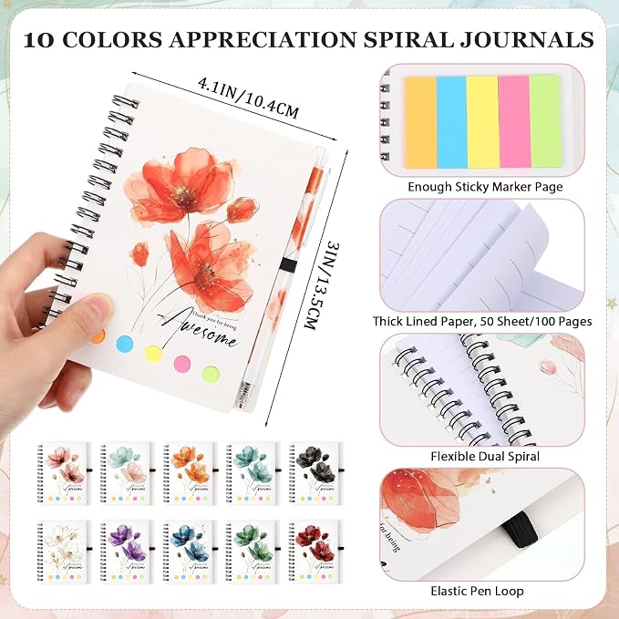 Chuangdi 10 Sets Back to School Teacher Gifts Bulk Inspirational Spiral Notebook with Sticky Note Motivational Pen Appreciation Gifts for Employee Team Staff Coworker (Floral,Watercolor)