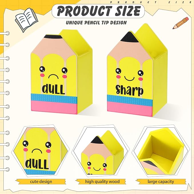 DoubleFill 2 Pcs Yellow Pencil Shaped Holder Sharp Dull Holder Wooden Dispenser Pen Storage with Classic Pencil Shaped Design for Back to School Teachers Classroom Organization Accessories