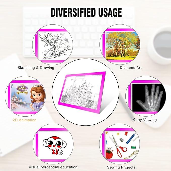 Pink A4 Dimmable LED Artcraft Light Box Tracer Slim Light Pad Portable Tablet, USB Power Cable Copy Drawing Board Tracing Table for Artists Designing, Animation, Sketching, Stenciling X-ray Viewing