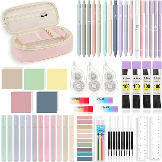MoKo Pencil Case with Supplies, 60Pcs Aesthetic School Set, Pink | Includes highlighters, gel and ballpoint pens, mechanical pencils, refills, sticky notes, correction tapes and rulers.