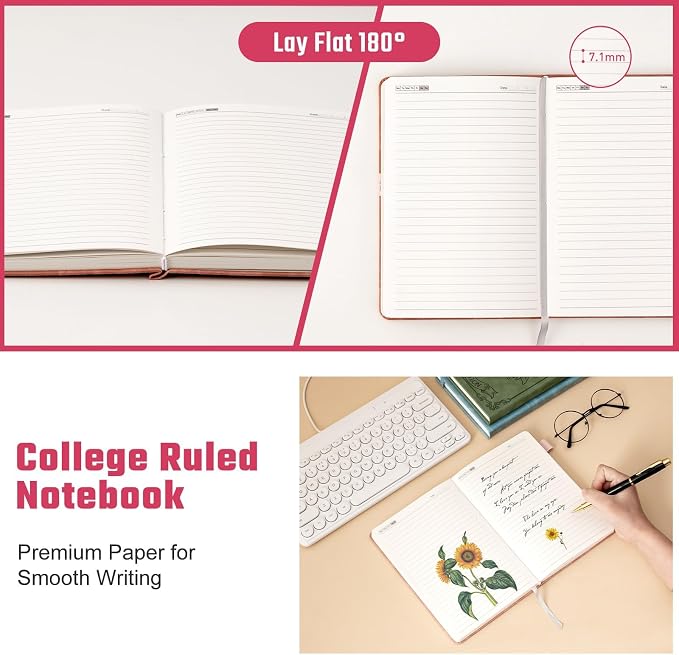 Ovesmusl Sunflower Journal for Girls Women Journals for Writing 100GSM College Ruled A5 Leather Notebook for Girls Ages 8-12 Flower Diary with Heart-Shaped Shadow, 5.7" x 8.3", Pink