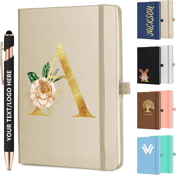 ENOMY Personalized Notebook Journal & 10 PC Pens Gift Set Custom Notebook A5 200 Pages A5 Lined Journal for Men Women Hardcover Notebooks for Work College Graduation Gifts, Gold