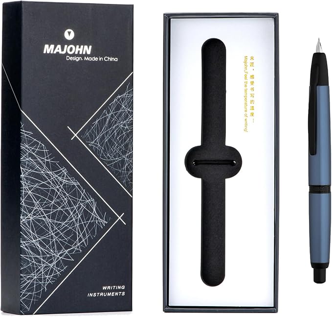 erofa Majohn A1 Press Fountain Pen Fine Nib with Box, Retractable Blue Metal Ink Pen with Converter Writing Set (Black Clip Version)
