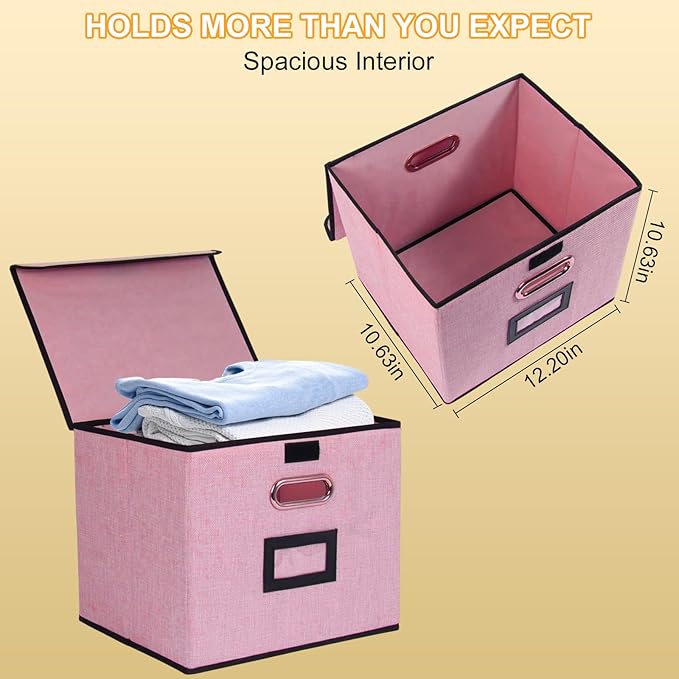 Large Square Storage Bin with Lid, Foldable Organizer Box with Handles & Label Design, for Office, Closet, Home, Documents, Pink, 12.20 x 10.63 x 10.63 Inches, 2 Pack