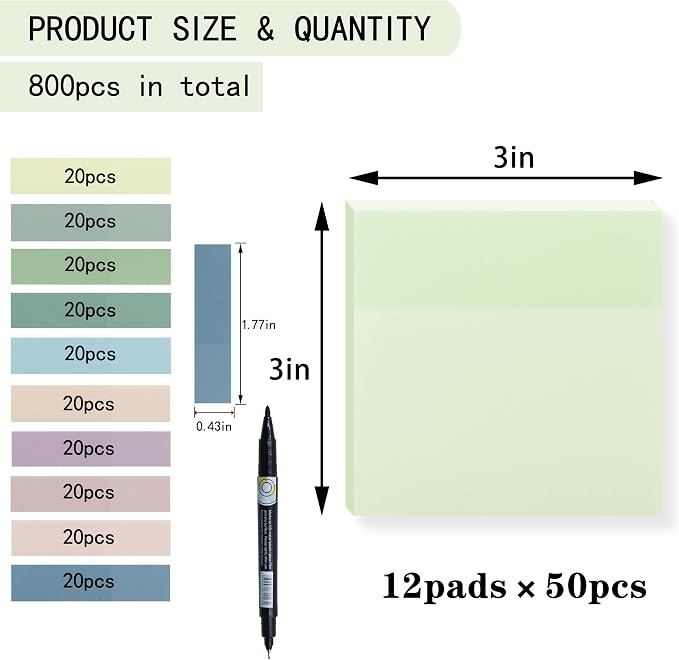 YOUDEFUL 800Pcs Transparent Sticky Notes, Morandi Teal Clear Sticky Notes, 3"x3" Waterproof Translucent Sticky Note Pads, Index Tabs, Clear Post it Notes for Bible Study, See Through Sticky Notes