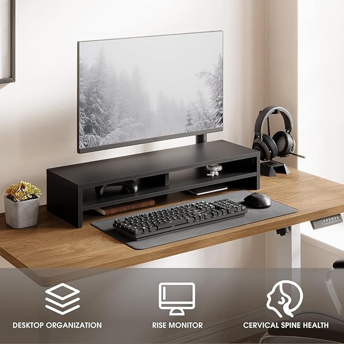 Fenge 31.5 Inch Dual Monitor Stand Riser for Desk, Black | Wooden Desk Shelf, 2-Tier Open Storage Compartment, for PC Laptop Screen Printer, Home Office Desktop Organizer