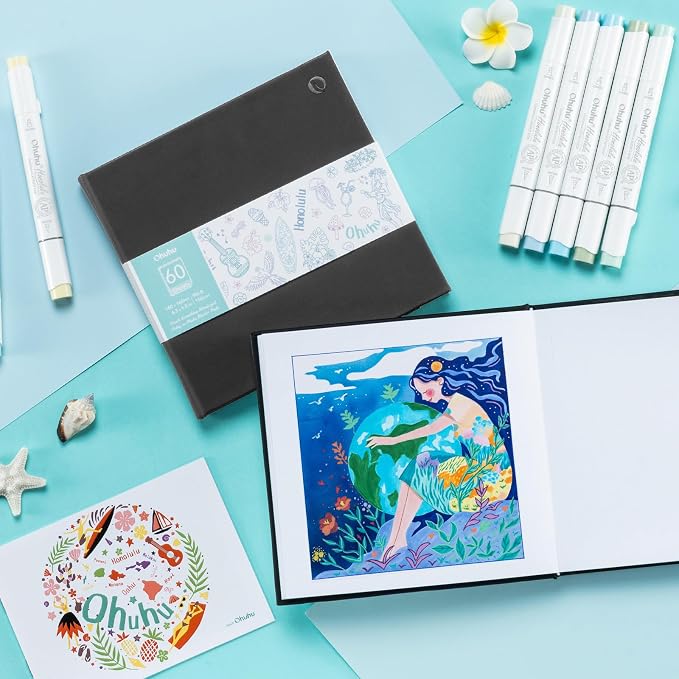 Ohuhu Double-Sided Marker Pad Art Sketchbook Bleedproof - 6.3"x6.3" Small Square Paper Size - 90 LB/150 GSM Smooth Drawing Paper - 60 Sheets/120 Pages - Hardcover Sketching Book for Alcohol Markers