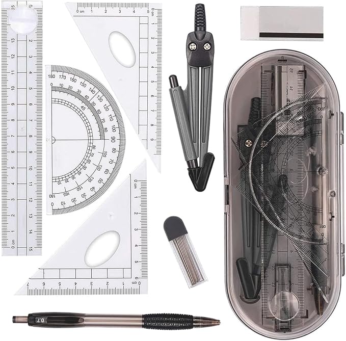 Math Geometry Kit Set 8 Pieces Student Supplies with Shatterproof Storage Box,Includes Rulers,Protractor,Compass,Pencil Lead Refills,Pencil,Eraser.for Students and Engineering Drawings