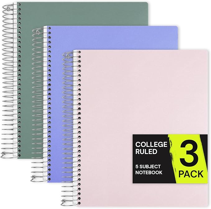 ONAVIA 5 Subject Spiral Notebook College Ruled 3 Pack, 400 Pages | 200 Sheets, 9 x 11 in, 6 Pack Waterproof Plastic Cover, Durable, School Notebooks, Classroom, Teachers