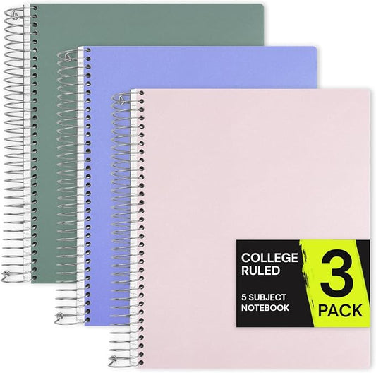 ONAVIA 5 Subject Spiral Notebook College Ruled 3 Pack, 400 Pages | 200 Sheets, 9 x 11 in, 6 Pack Waterproof Plastic Cover, Durable, School Notebooks, Classroom, Teachers