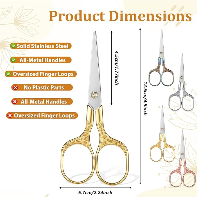 4 Pcs Small Embroidery Scissors | Embroidery Scissors Precision Cutting with Pointed Blades, Stainless Steel Craft Snips for Yarn, Fabric & Crafts (5 Inch)