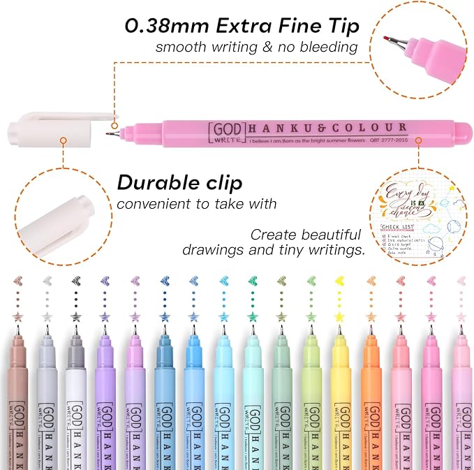 HANKU 0.38mm Fine Point Pen, 16 Colored Fineliner Bible Pens No Bleed Through,Extra Fine Tip Marker Pens for Bullet Journaling,Planner,Coloring,Bible Study Back to School Office Supplies