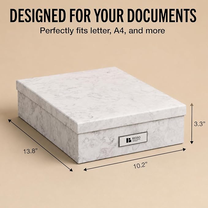 Bigso Oskar Fiberboard Label Frame Document Letter Box for Important Paperwork A4 or Letter Size - Durable Keepsake Box with Lid and Metal Label Holder - 3.3in x 10.2in x 13.8in - Marble