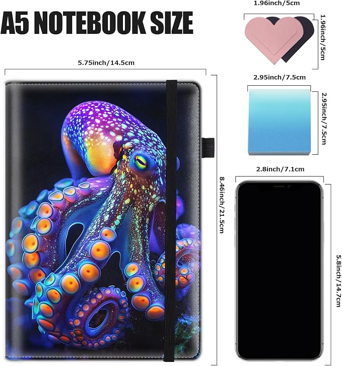 Hardcover Executive Notebooks, A5 PU Leather Lined Journal Notebook, 200 Pages Thick Paper Subject Notebooks for School,Work,Home Writing Business Notebook, Diary Book ，Neon Octopus