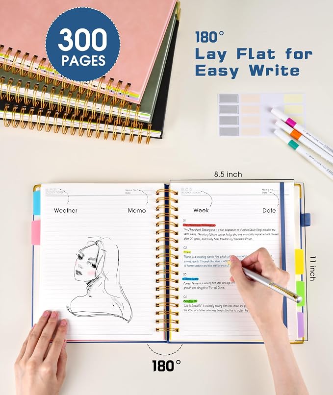 Hardcover Spiral Notebook 8.5"x11" Journal with Removable Dividers Tabs, 300 Pages Leather 5 Subject Notebook College Ruled, Large Notebooks for Work School, Lined Journal for Women, A4 Light Blue