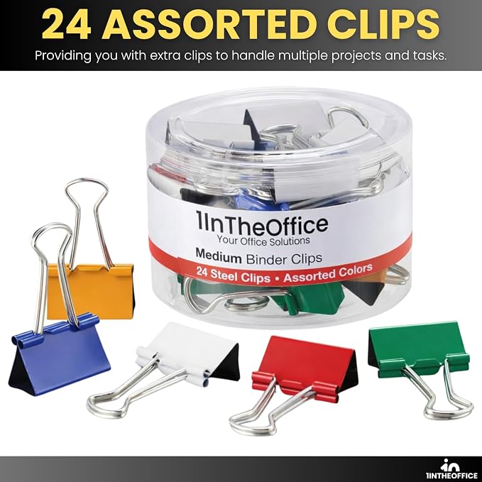1InTheOffice Medium Binder Clips, Paper Clamps, Colored Binder Clips, 5/8" Capacity, Assorted Color, 24 Pack
