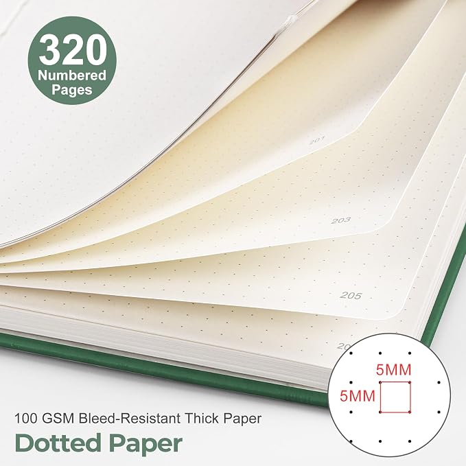 EMSHOI Dotted Journal Notebook, 320 Pages, A5 Size (5.7'' x 8.3'') | Leather Hardcover, 100 GSM Thick Paper, for Journaling, Planning, Tracking & Sketching, Sun Debossed (Green)