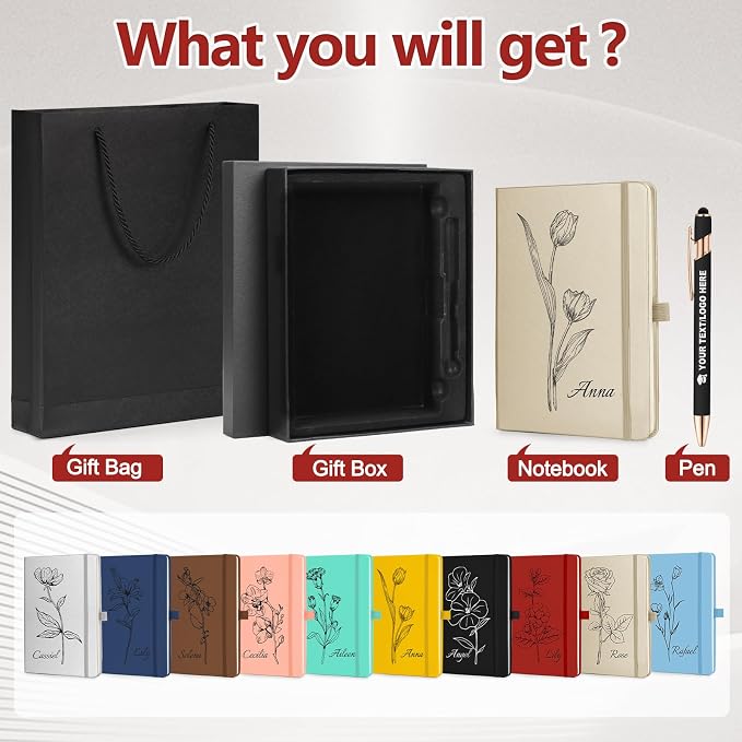ENOMY Personalized A5 Notebook Gift Set with Custom Pen PU Leather Journal Box, Red