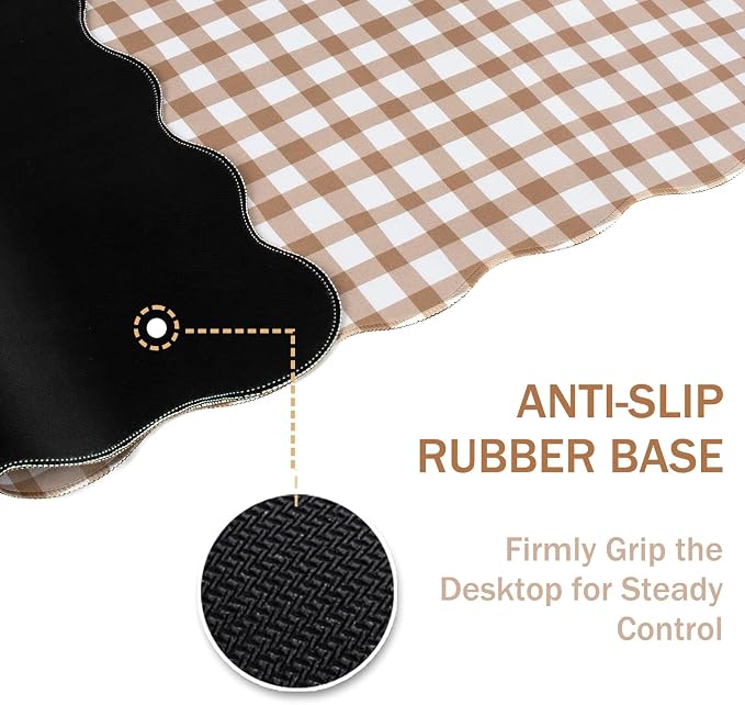L-SPOUTTO Brown Checkered Mouse Pad,Cottagecore Scalloped Desk Mat XXL Large Cute Gingham Gaming Mousepad,35.4x15.7in Non-Slip Keyboard Pad Waterproof Desktop Mat for Laptop Computer Game Home Office