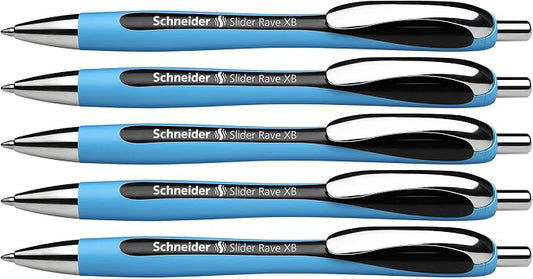 Schneider Slider Rave XB (Extra Broad) Ballpoint Pen, Refillable + Retractable, 1.4 mm, Light Blue Barrel, Black Ink, Box of 5 Pens (132501)