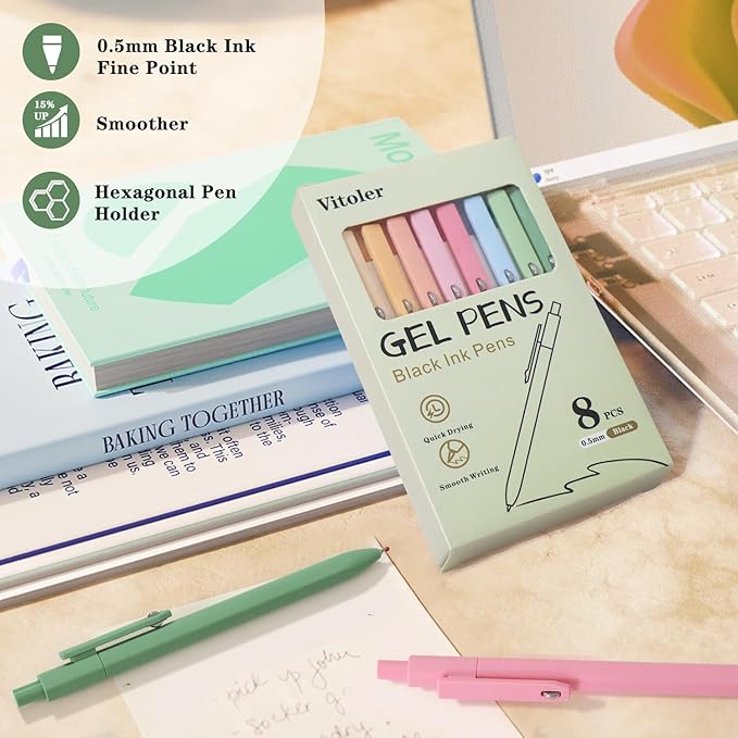 Vitoler Cute Gel Pens, 8 Pack 0.5mm Fine Point Pens with Fidget Quick Dry | For Women, For Teachers, For Nurses, Smooth Writing, Liquid Ink, For Badge, Black ink, Felt Tip, Medium Point, For Journaling