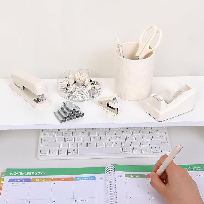 Office Supplies Set – All-in-One Desk Accessories Kit with Stapler, Tape Dispenser, Scissors, Clips & Remover, Cute Desk Organizer Set for Home Office, School & Workspace Organization