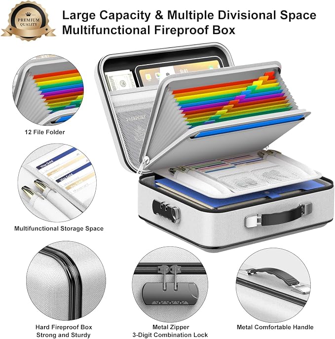 COLCASE Fireproof Document Organzier with Lock, Hard Fireproof Document Box | Hard-Shell Fireproof Waterproof Document Box with Combination Lock Grey