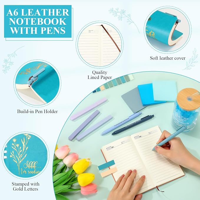 Havawish 14 Pcs Book Lovers Gift for Women 16 oz Glass Cup Tote Bag A6 Journal Notebook Pens Highlighters Sticky Notes Back to School Teacher Librarian Bookish Book Club(Greenish Blue,Aesthetic)
