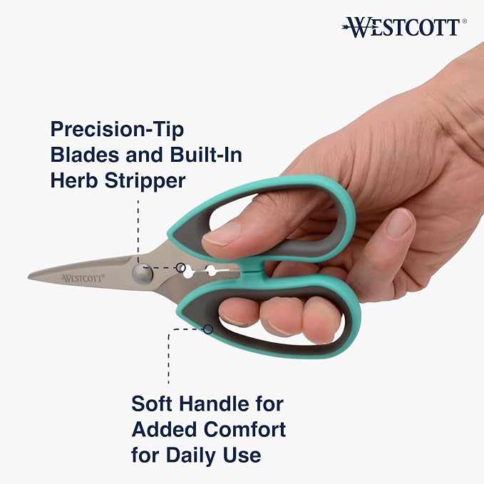 Westcott Titanium-Bonded Soft Handle Kitchen Shears for Herbs, Teal - 6.5-Inch Versatile Kitchen Shears with Precision Cutting Tips and Built-In Herb stripper for Easy Handling and Comfort