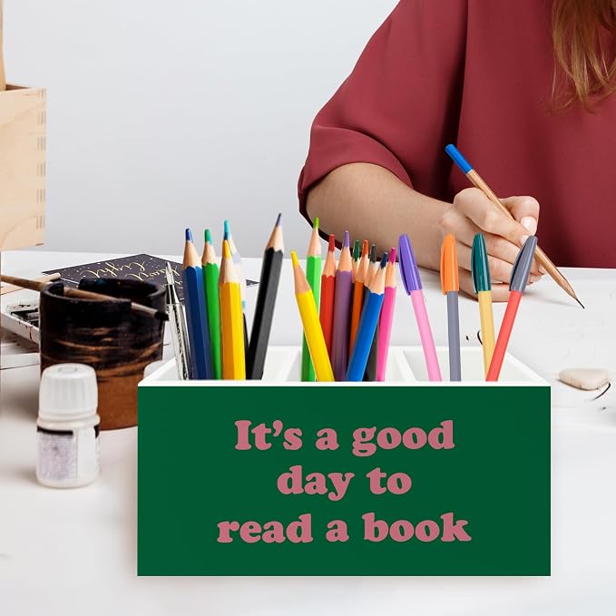 Book Lover Gifts Pen Pencil Holder Organizer for Desk, It's Good Day to Read a Book Bookish Pink and Green Wooden Box Signs Decorations for Reading Room Desk Tabletop, Reader Bookworm Gifts