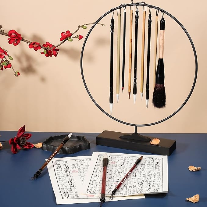 12 Pieces Chinese Calligraphy Brush Set with Sumi Watercolor | Roll-Up Bamboo Holder, Japanese Kanji Writing, Ink Painting, Goat Hair Tips, Beginner Artist Kit