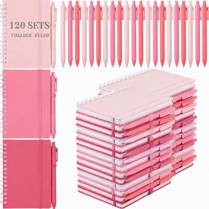 Fulmoon 120 Set Small Spiral Notebooks A6 with Pens Bulk, Multicolor 4" x 6" Pocket Notebooks Mini Lined Journals 50 Sheets for Back to School Supplies Students Gifts Rewards Office (Blush Petals)