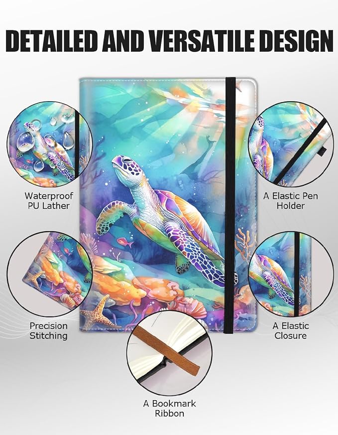 Hardcover Executive Notebooks, A5 PU Leather Lined Journal Notebook, 200 Pages Thick Paper Subject Notebooks for School,Work,Home Writing Business Notebook, Diary Book ，Watercolor Turtle