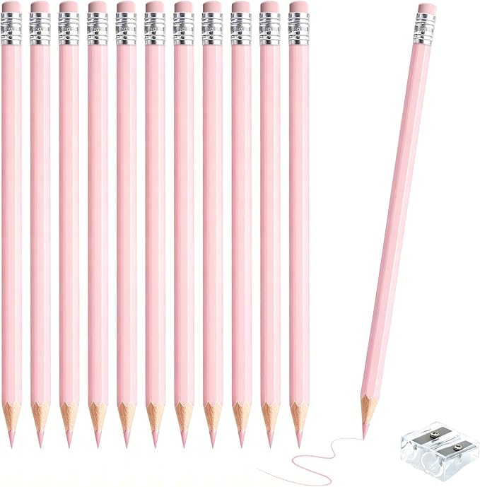 12 PCS Macaron Pink Colored Pencils with Eraser Pre Sharpened Pencil 2 HB - Ideal for Checking, Grading, Tests & Office/School Supplies