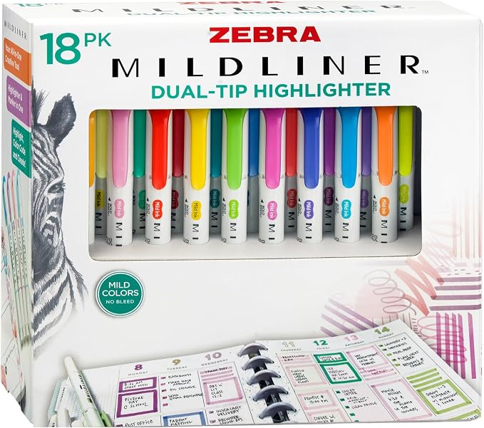 Zebra Pen Mildliner Double-Ended Highlighter Marker Set, Broad and Fine Point Tips, No Bleed, Ideal for Bible Highlighting Journaling, School and Office Supplies, 18 Assorted Colors, Pack of 18