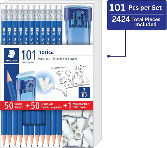 STAEDTLER Norica Pencil Set 24 Pack (24 sets of 101 pcs) - 50 Pre-sharpened #2 HB Pencils with 50 Eraser Caps & Double-Hole Sharpener, Break-Resistant Lead, School Pack | 1200 Pencils #2 Pre-sharpened, 1200 Eraser Caps, 24 Sharpeners Double-Hole, Break...