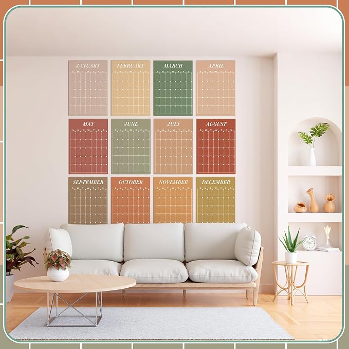 12 Pcs Rustic Undated Calendars 12‘'x16‘' Large Erasable Wall Calendar 12 Month Classroom Dry Ease Reusable Planning Colorful Yearly Blank Planner Reserved Grid for Office Home Educational Class