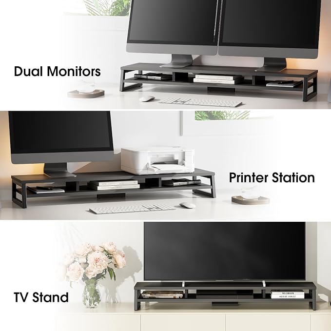 Fenge Dual Monitor Riser for Desk, Open Shelf with 3 Storage Compartments | 42.5in Computer Monitor Stand, 2-Tier Desk Shelf for Top of Desk,One-Piece Panel, fit Ultrawide Monitor, PC, Laptop, Black