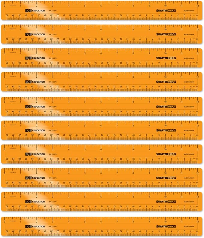 EAI Education 12" ShatterProof Ruler 1/8" Scale: Orange - Set of 10