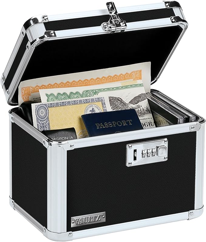 Vaultz Secure Security Lock Boxes - Safe Combination Lock Box, Storage for Documents, Valuables, Medicine & Money - 9.88 x 7.75 x 7 Inch - Black/Chrome | Lockable design with reinforced chrome-steel corners, combination-lock case, non-slip rubber feet,...