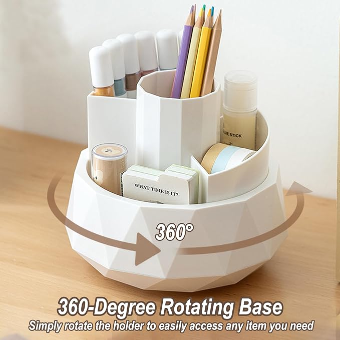 360° Rotating Pen Holder, Large Capacity Pencil Organizer with 4 Compartments for Office and Art Supplies (White)