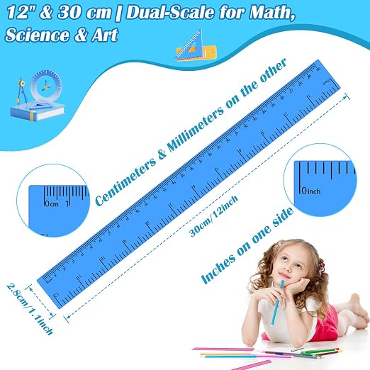 36 Pack 12 Inch Clear Blue Plastic Rulers Bulk, Transparent Metric Rulers with Centimeters and Inches, Straight Measuring Rulers for Kids Classroom School Office Home Supplies